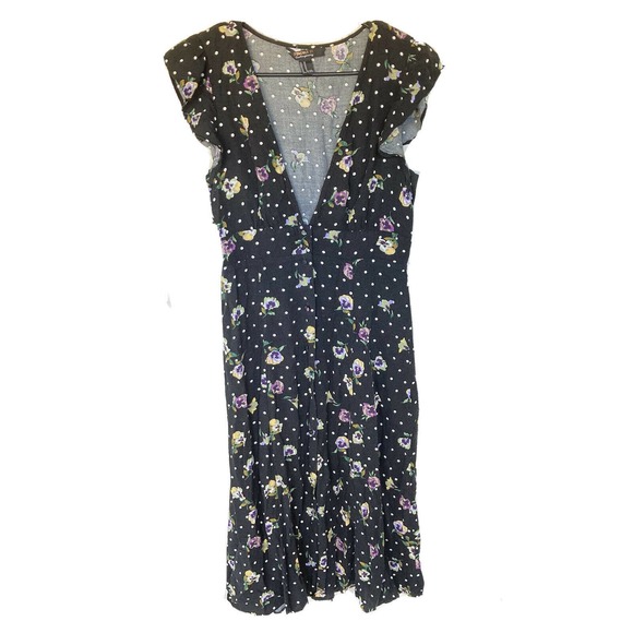 Forever 21 Contemporary Dress Sz M V Neck Black Polka Dots Floral Button Front - Picture 1 of 7